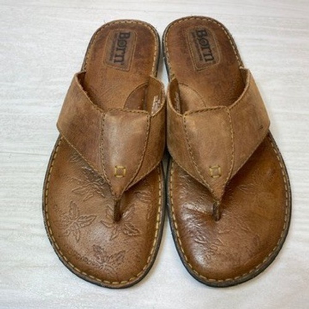 Born Mens 12 Thong Sandals Flip Flops Brown Leather Opanka Comfort M2922